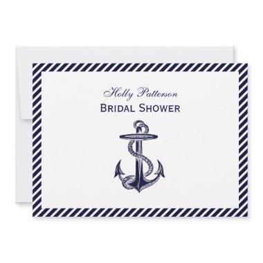 Nautical Anchor Navy Diag Stripe 2H Bridal Shower Invitations