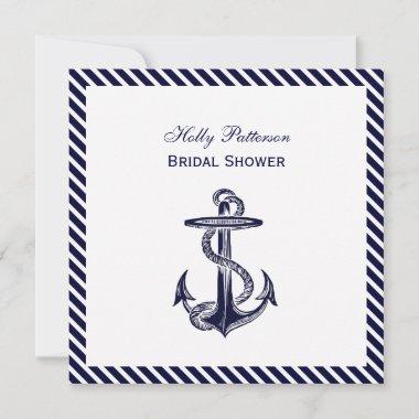 Nautical Anchor Navy Diag Stripe 2SQ Bridal Shower Invitations