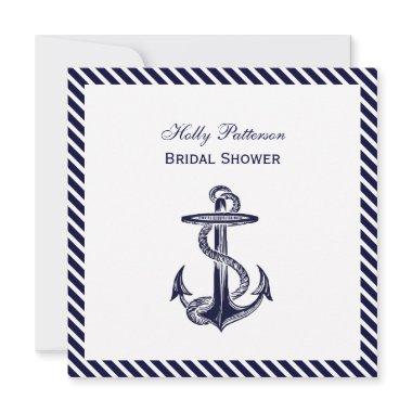 Nautical Anchor Navy Diag Stripe 2SQ Bridal Shower Invitations