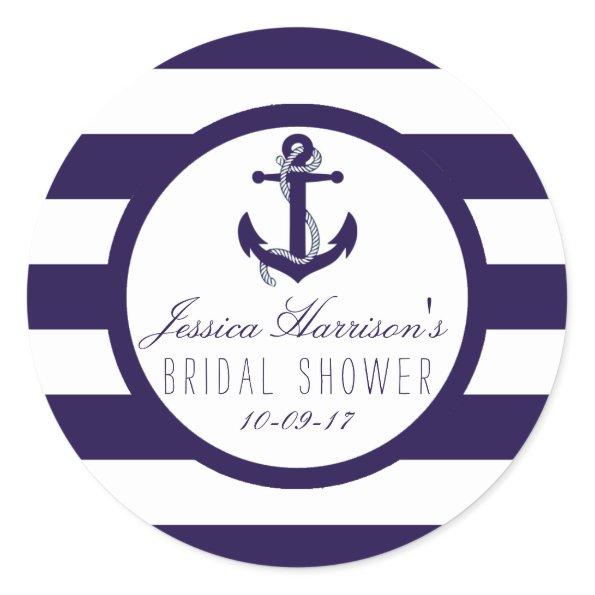 Nautical Anchor Navy Stripe Bridal Shower Favor Classic Round Sticker