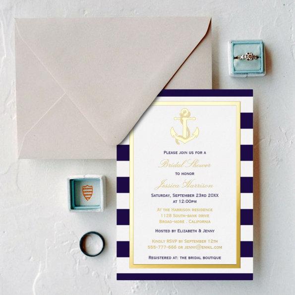 Nautical Anchor Navy Stripe Bridal Shower Real Foil Invitations
