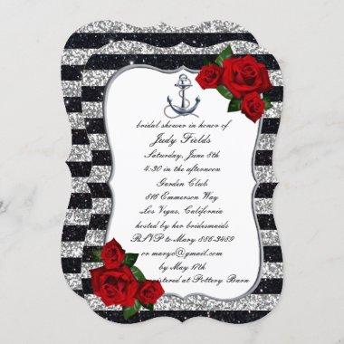 Nautical Anchor Silver Black Stripes Bridal Shower Invitations