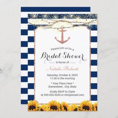 Nautical Anchor Sunflower Navy Blue Bridal Shower Invitations