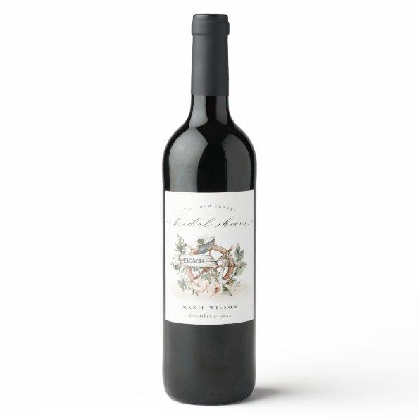 Nautical Anchor Wheel Leafy Floral  Wine Label