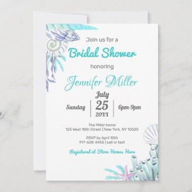 Nautical Aqua Seashell Bridal Shower Watercolor Invitations