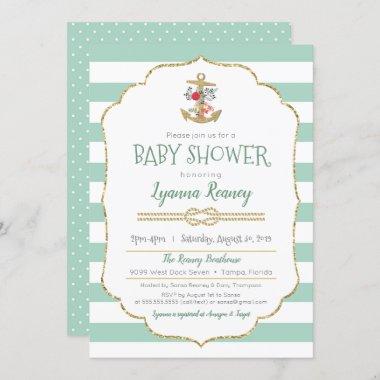 Nautical Baby Shower Floral Anchor Mint Green Invitations