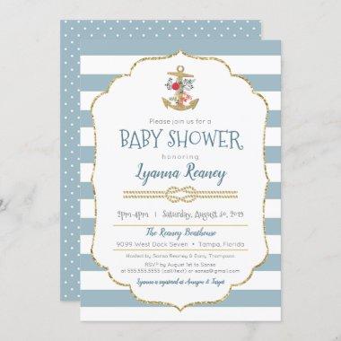 Nautical Baby Shower Floral Anchor Navy Blue Invitations