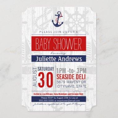 Nautical Baby Shower Invitations, Boy Blue Red Ahoy Invitations