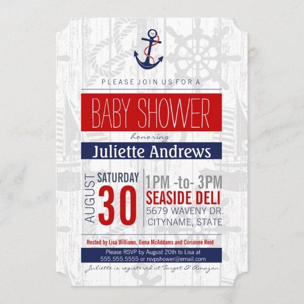 Nautical Baby Shower Invitations, Boy Blue Red Ahoy Invitations