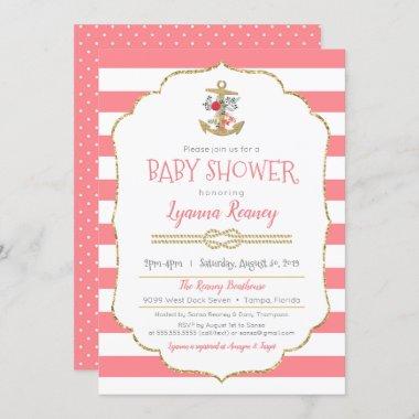Nautical Baby Shower with Floral Anchor Pink Invitations