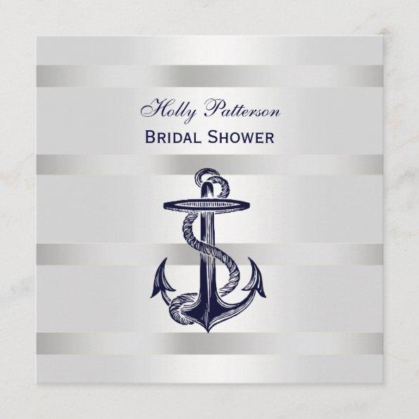 Nautical Blue Anchor Silver Wt BG SQ Bridal Shower Invitations