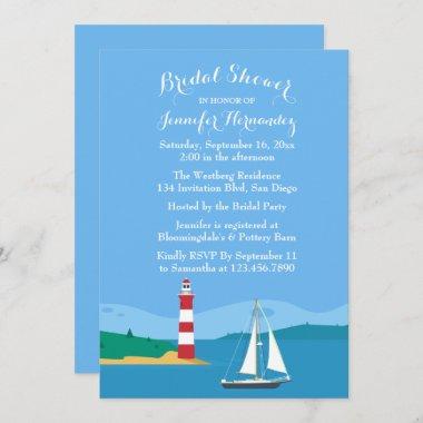Nautical Blue Bridal Shower Lighthouse & Sailboat Invitations