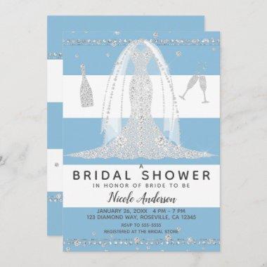 Nautical Blue Diamond Wedding Dress Bridal Shower Invitations