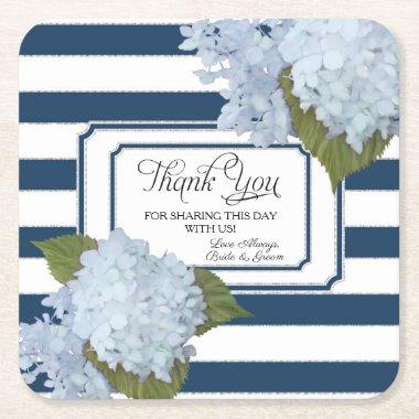Nautical Blue Hydrangea White Striped Floral Art Square Paper Coaster