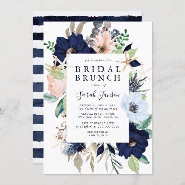 Nautical Blue Pink Watercolor Floral Bridal Brunch Invitations