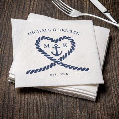 Nautical Blue Rope Heart Anchor Monogram Wedding Napkins