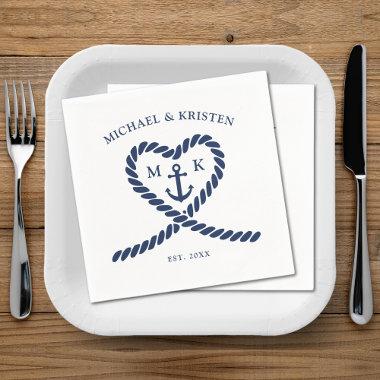 Nautical Blue Rope Heart Anchor Monogram Wedding Napkins