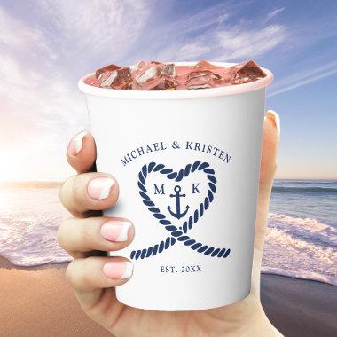 Nautical Blue Rope Heart Anchor Monogram Wedding Paper Cups