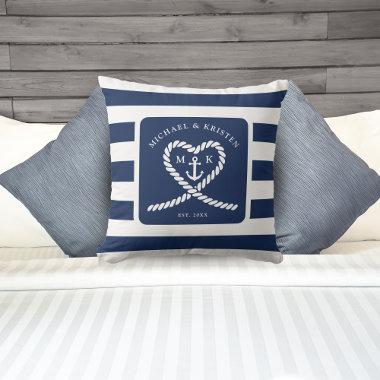 Nautical Blue Striped Heart Anchor Wedding Throw Pillow