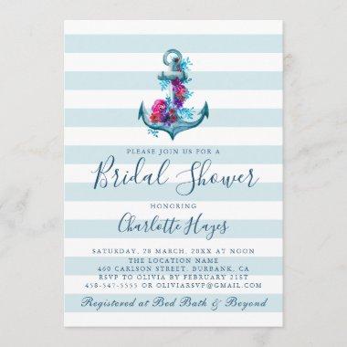 Nautical Blue Watercolor Anchor Bridal Shower Invitations