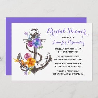 Nautical Bridal Shower Anchor Purple Flower Floral Invitations