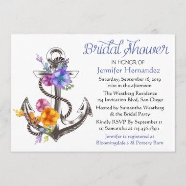 Nautical Bridal Shower Blue Anchor Floral Invitations