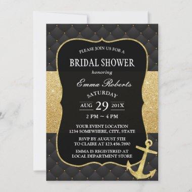 Nautical Bridal Shower Golden Anchor Black & Gold Invitations