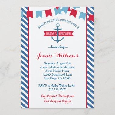 Nautical Bridal Shower Invitations Red and Blue