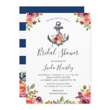 Nautical Bridal Shower Navy Stripes Anchor Floral Invitations