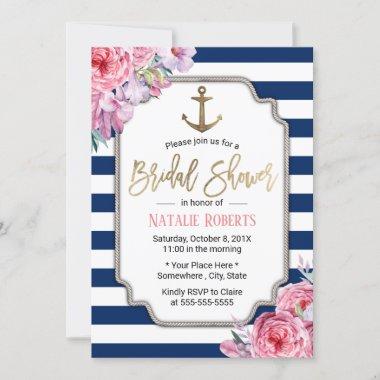 Nautical Bridal Shower Pink Floral Navy Stripes Invitations