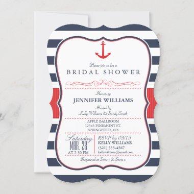 Nautical Bridal Shower; Red, White, & Navy Blue Invitations