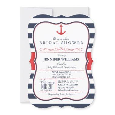 Nautical Bridal Shower; Red, White, & Navy Blue Invitations