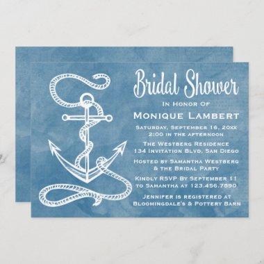 Nautical Bridal Shower Ship Anchor Blue Watercolor Invitations