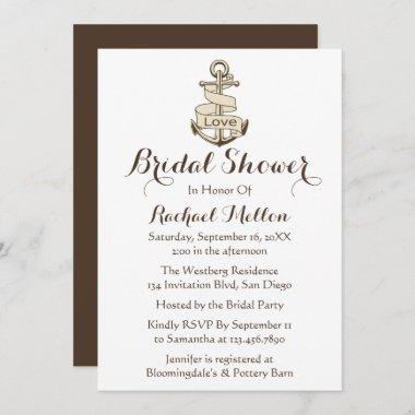 Nautical Bridal Shower Ship Anchor Brown And Whit Invitations