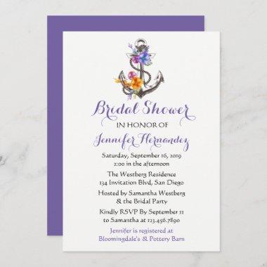 Nautical Bridal Shower Ship Anchor Purple Floral Invitations