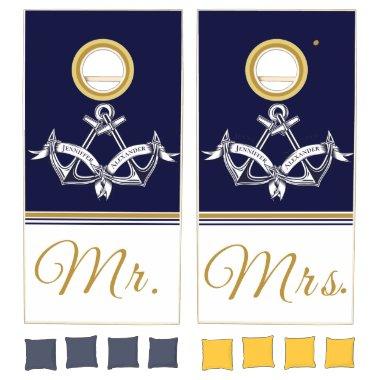 Nautical Coastal Couple Mr. and Mrs. Wedding Navy Cornhole Set