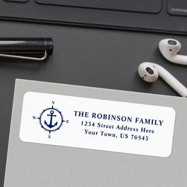 Nautical Compass Anchor Navy Blue On White Address Label
