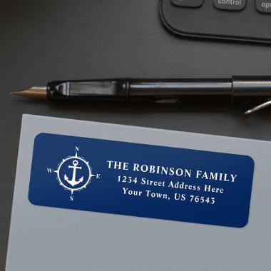 Nautical Compass Anchor White On Navy Blue Address Label