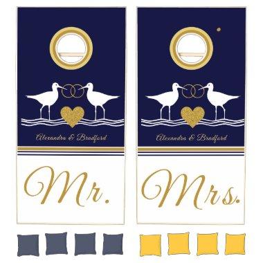 Nautical Couple Mr Mrs Wedding navy gold bird Cornhole Set