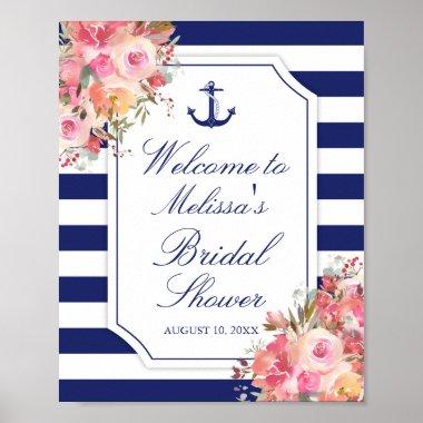 Nautical Floral Anchor Blue Stripe Bridal Shower Poster