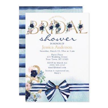 Nautical Floral Royal Blue and Gold Bridal Shower Invitations