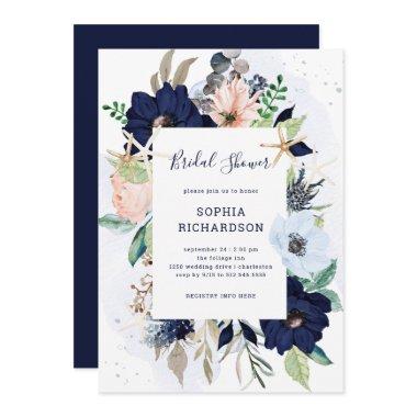 Nautical Flowers | Navy Blue Bridal Shower Invitations