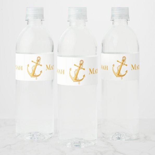 Nautical Gold Anchor Just Married Wedding Beach Water Bottle Label