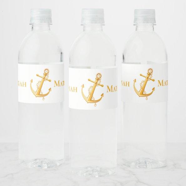 Nautical Gold Anchor Just Married Wedding Beach Water Bottle Label