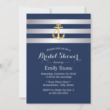 Nautical Gold Anchor Navy Blue Bridal Shower Invitations