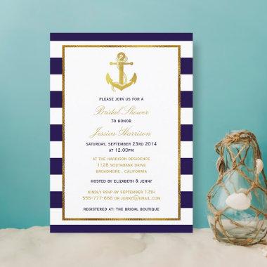 Nautical Gold Anchor Navy Stripe Bridal Shower Invitations