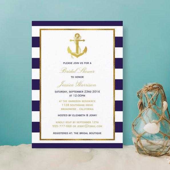Nautical Gold Anchor Navy Stripe Bridal Shower Invitations