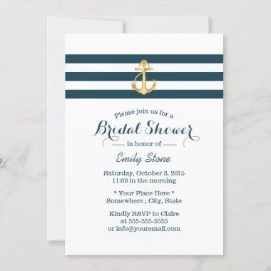 Nautical Gold Anchor Navy Stripes Bridal Shower Invitations
