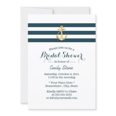 Nautical Gold Anchor Navy Stripes Bridal Shower Invitations