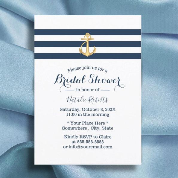 Nautical Gold Anchor Navy Stripes Bridal Shower Invitations